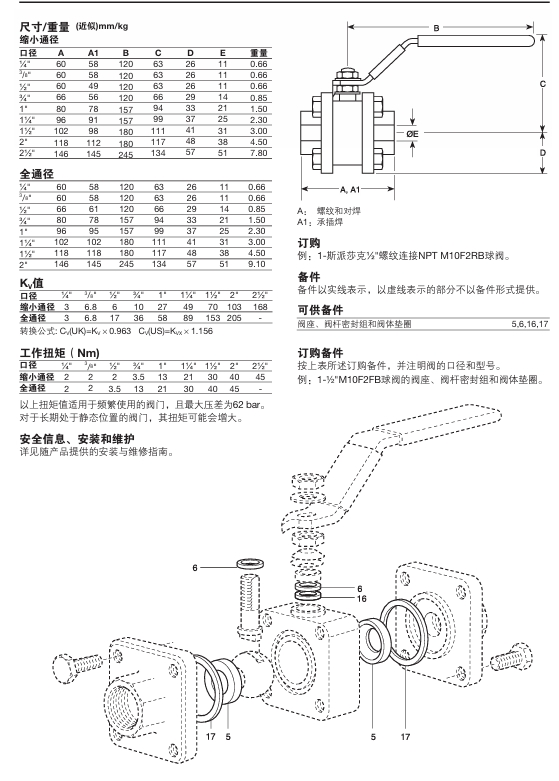 斯派莎克M10F三片式丝扣球阀外形链接尺寸