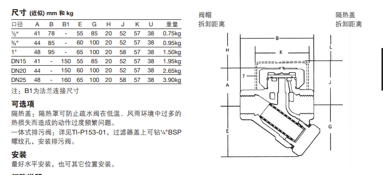 TD16和TD16F热动力蒸汽疏水阀尺寸/重量