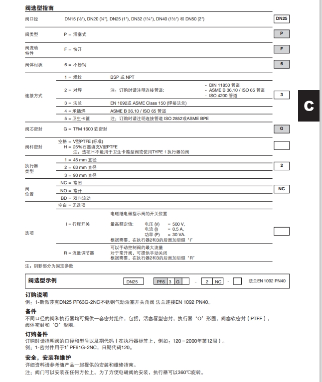 PF6气动活塞开关角阀选型