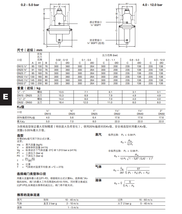 SRV461和SRV463减压阀尺寸重量