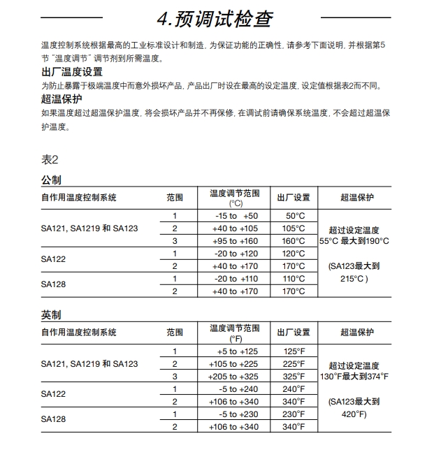 SA121, SA122, SA123, SA128 和 SA1219自作用温度控制系统调试