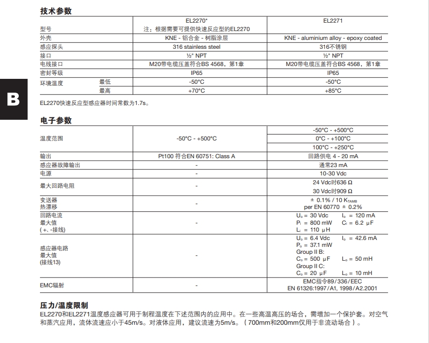 EL2270 和EL2271温度感应器技术参数