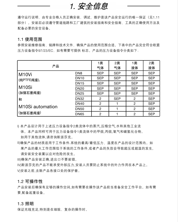 斯派莎克M10Si ISO球阀，M10Si ISO自动控制球阀和M10Vi ISO球阀使用安全信息