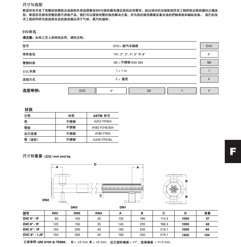 斯派莎克换热器EVC系列尺寸，选型