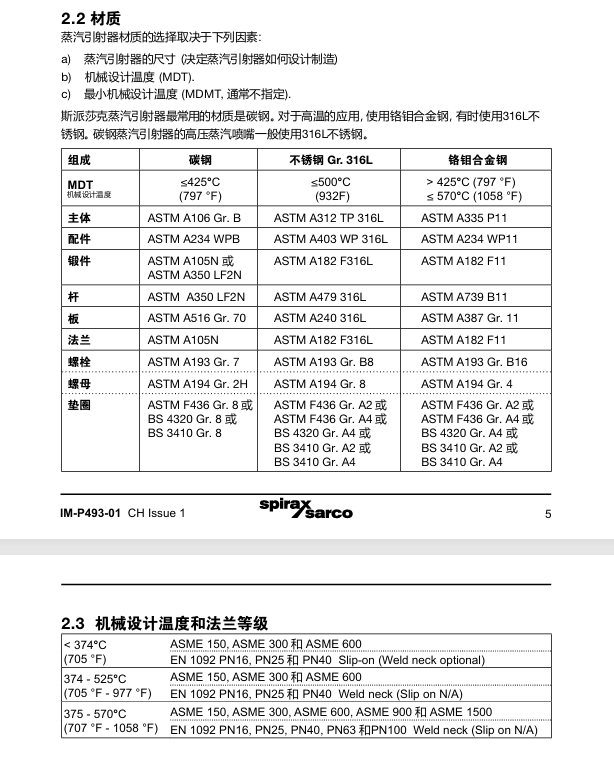 斯派莎克蒸汽引射器技术参数