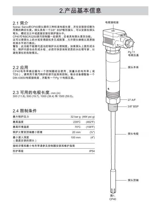 斯派莎克CP40电导率感应器技术参数