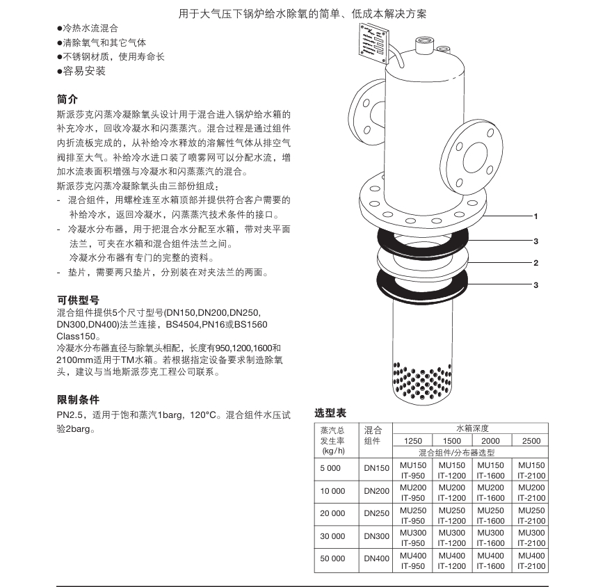 斯派莎克DH型闪蒸冷凝除氧头参数